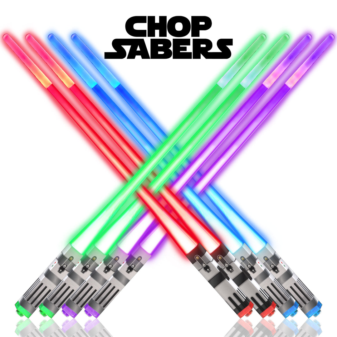 A pair of multicolored LED lightsaber chopsticks with a 'ChopSabers' branding at the top.