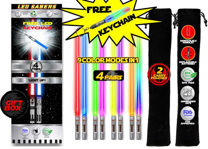 LED SABERS LIGHTSABER KEYCHAIN LIGHT UP LED STAR WARS Glowing Light Saber Key Chain -  8 COLOR MODES: Green, Blue, Red, Baby Blue, Pink, Yellow, White, Rainbow