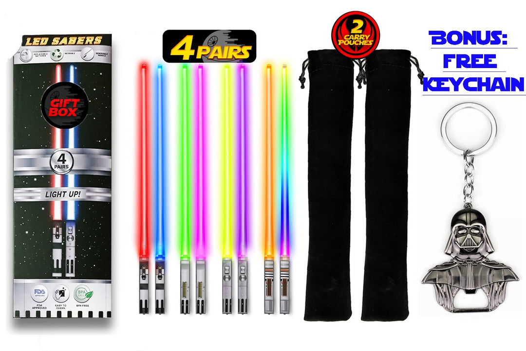 SABERCHOPS Lightsaber Chopsticks Reusable - Gift Box and Soft Carry Case - BONUS FREE DARTH VADER KEYCHAIN & BOTTLE OPENER