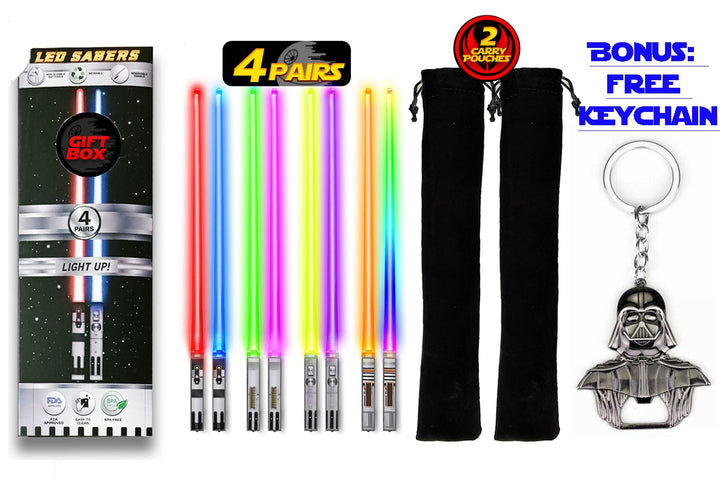 SABERCHOPS Lightsaber Chopsticks Reusable - Gift Box and Soft Carry Case - BONUS FREE DARTH VADER KEYCHAIN & BOTTLE OPENER