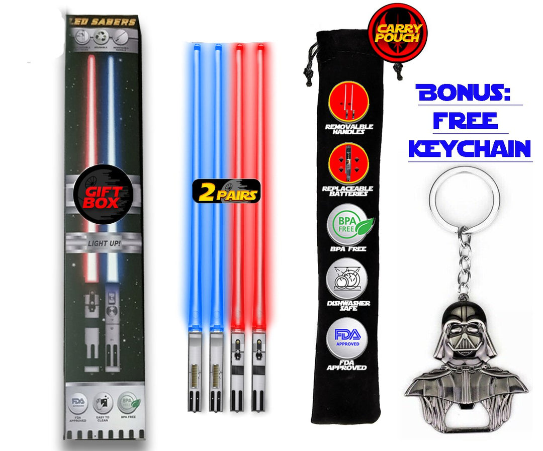 SABERCHOPS Lightsaber Chopsticks Reusable - Gift Box and Soft Carry Case - BONUS FREE DARTH VADER KEYCHAIN & BOTTLE OPENER