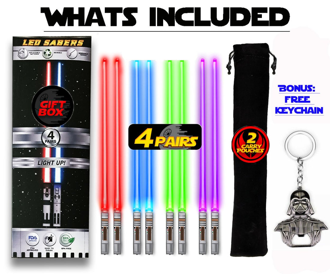 SABERCHOPS Lightsaber Chopsticks Reusable - Gift Box and Soft Carry Case - BONUS FREE DARTH VADER KEYCHAIN & BOTTLE OPENER