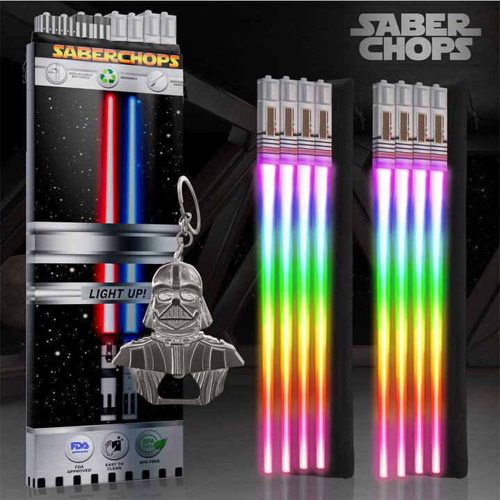 SABERCHOPS Lightsaber Chopsticks Reusable - Gift Box and Soft Carry Case - BONUS FREE DARTH VADER KEYCHAIN & BOTTLE OPENER