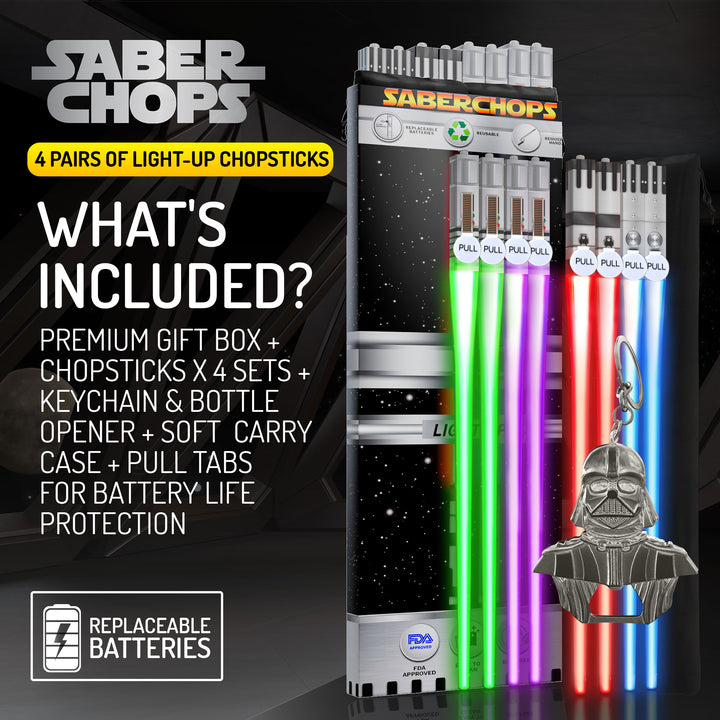 SABERCHOPS Lightsaber Chopsticks Reusable - Gift Box and Soft Carry Case - BONUS FREE DARTH VADER KEYCHAIN & BOTTLE OPENER
