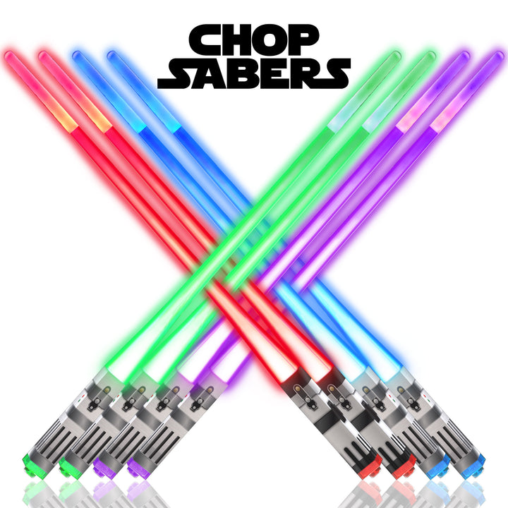 A pair of multicolored LED lightsaber chopsticks with a 'ChopSabers' branding at the top.