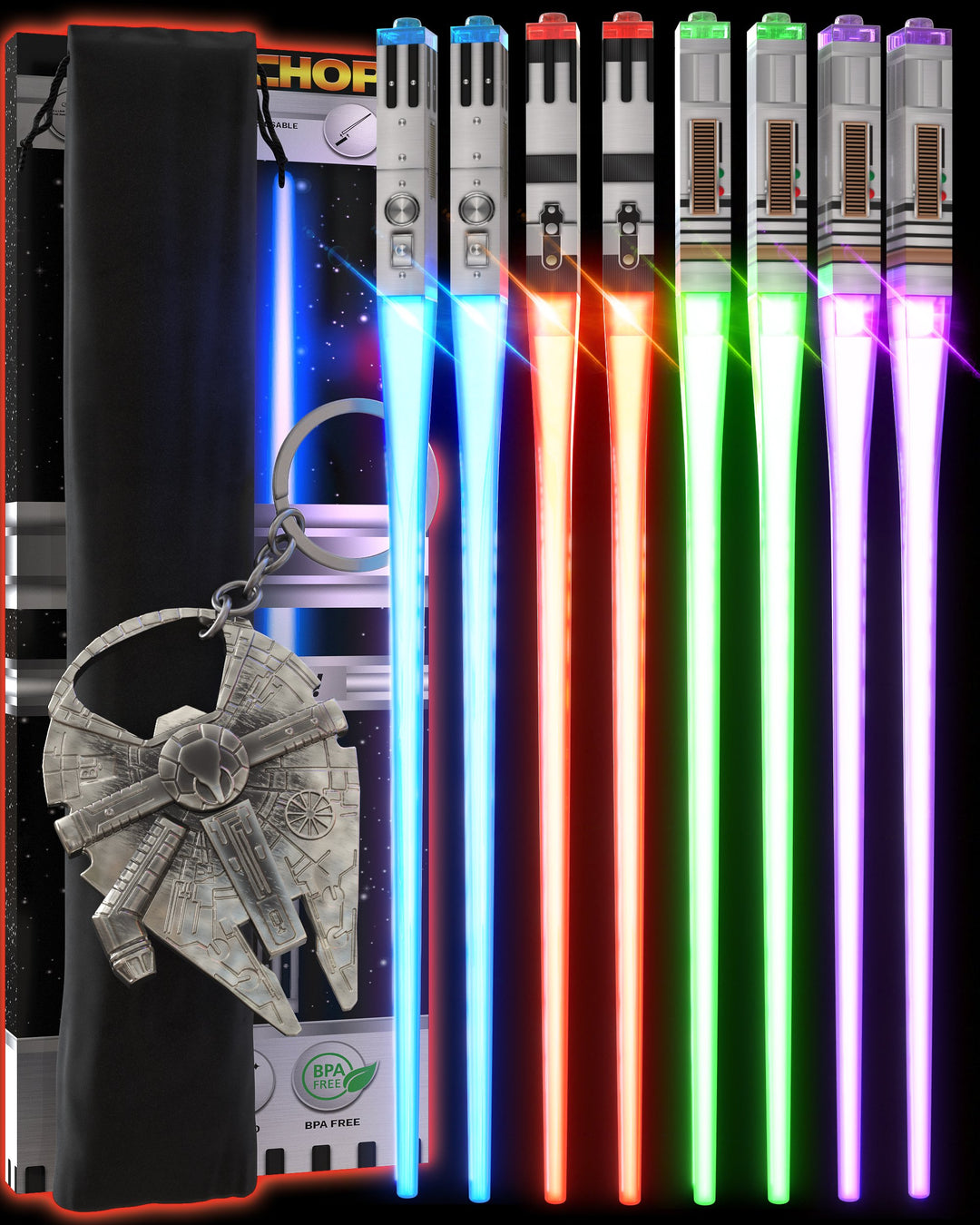 Lightsaber Chopsticks Reusable - Gift Box and Soft Carry Case - BONUS FREE MILLENNIUM FALCON KEYCHAIN & BOTTLE OPENER