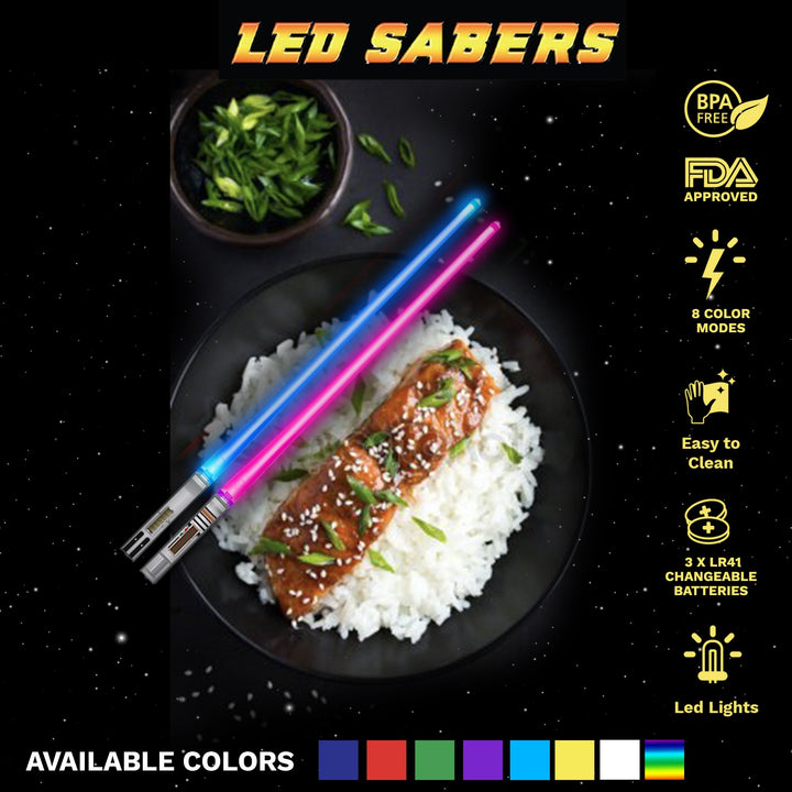 LIGHTSABER CHOPSTICKS LIGHT UP STAR WARS LED Glowing Light Saber Chop Sticks REUSABLE Sushi Lightup Sabers - Removable Handle - 1 Pair