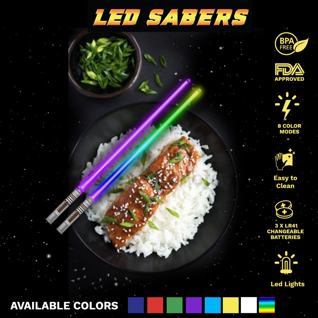 LIGHTSABER CHOPSTICKS LIGHT UP STAR WARS LED Glowing Light Saber Chop Sticks REUSABLE Sushi Lightup Sabers - Removable Handle - 4 Pairs