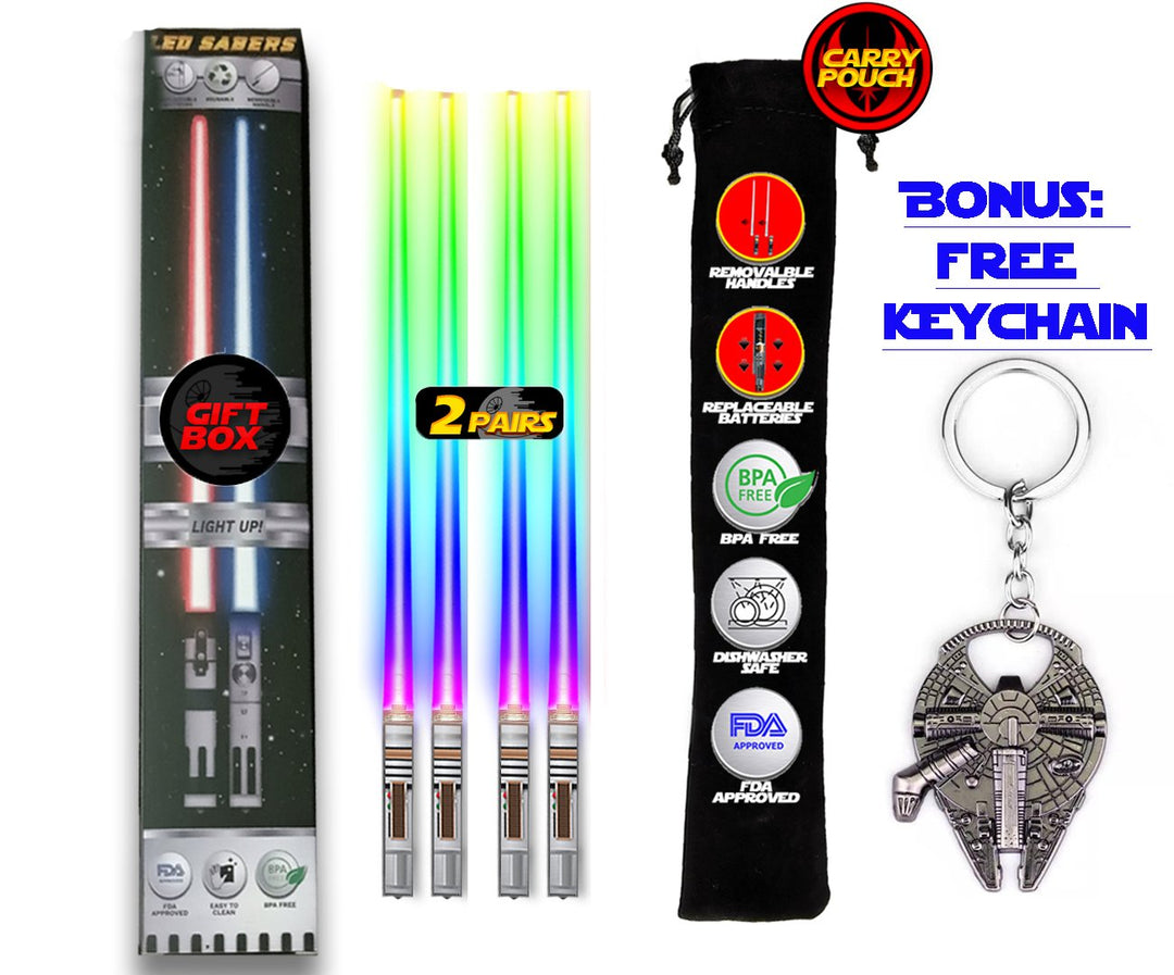 Lightsaber Chopsticks Reusable - Gift Box and Soft Carry Case - BONUS FREE MILLENNIUM FALCON KEYCHAIN & BOTTLE OPENER