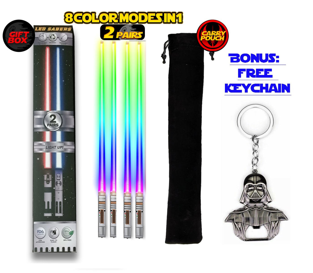 Lightsaber Chopsticks Reusable - Gift Box and Soft Carry Case - BONUS FREE DARTH VADER KEYCHAIN & BOTTLE OPENER