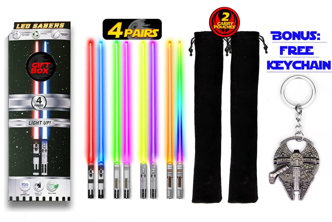 Lightsaber Chopsticks Reusable - Gift Box and Soft Carry Case - BONUS FREE MILLENNIUM FALCON KEYCHAIN & BOTTLE OPENER