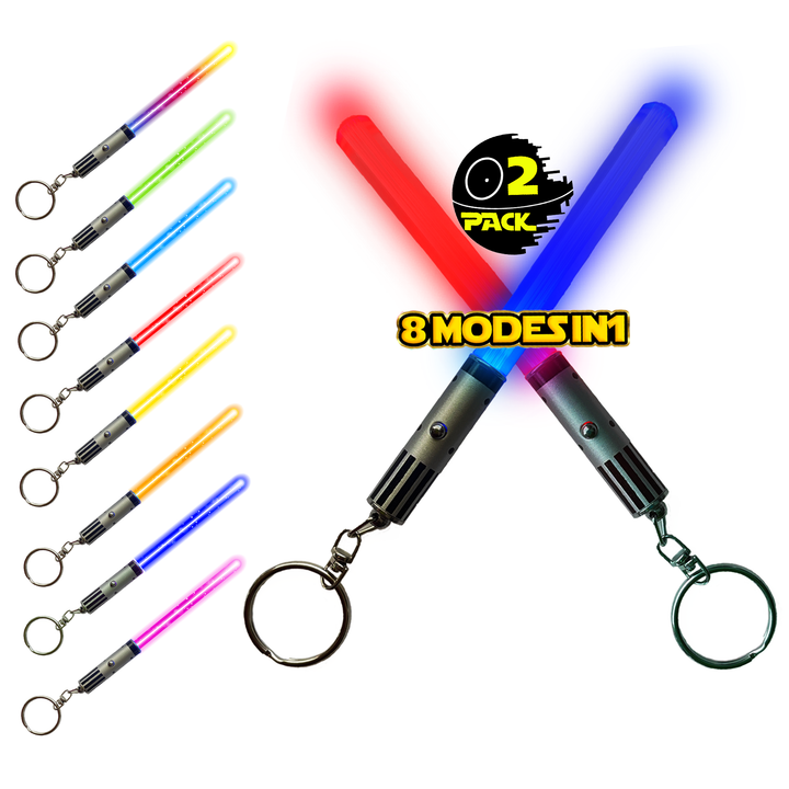 Saber Chops LIGHTSABER KEYCHAIN LIGHT UP LED STAR WARS Glowing Light Saber Key Chain -  8 COLOR MODES: Green, Blue, Red, Baby Blue, Pink, Yellow, White, Rainbow