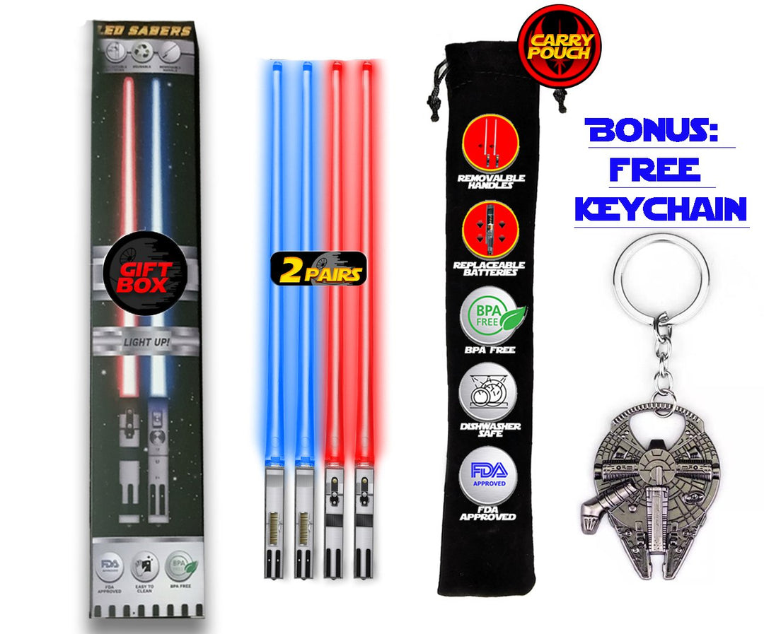 Lightsaber Chopsticks Reusable - Gift Box and Soft Carry Case - BONUS FREE MILLENNIUM FALCON KEYCHAIN & BOTTLE OPENER