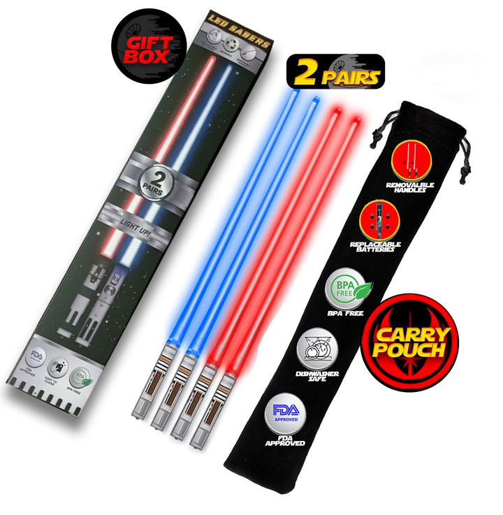 LIGHTSABER CHOPSTICKS LIGHT UP STAR WARS LED Glowing Light Saber Chop Sticks REUSABLE Sushi Lightup Sabers - Removable Handle - 2 Pairs