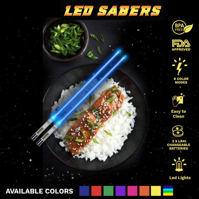 LIGHTSABER CHOPSTICKS LIGHT UP STAR WARS LED Glowing Light Saber Chop Sticks REUSABLE Sushi Lightup Sabers - Removable Handle - 1 Pair