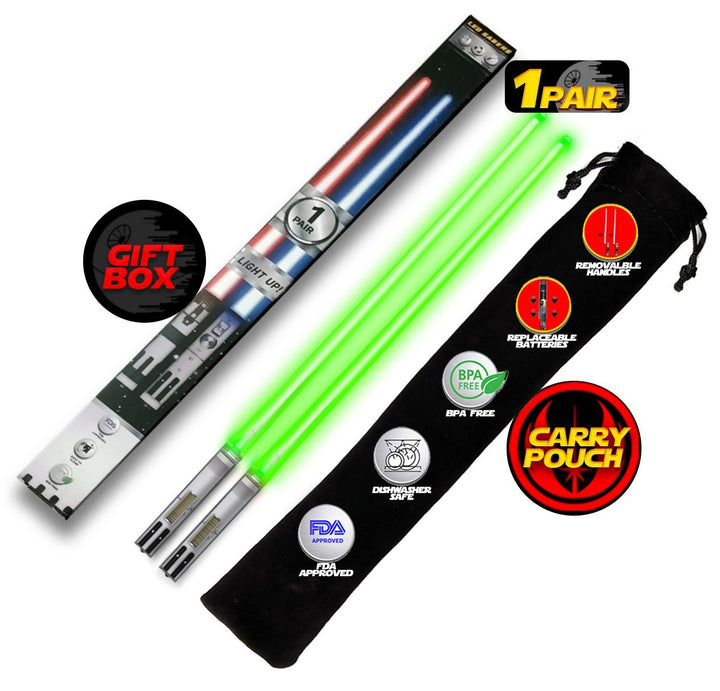 LIGHTSABER CHOPSTICKS LIGHT UP STAR WARS LED Glowing Light Saber Chop Sticks REUSABLE Sushi Lightup Sabers - Removable Handle - 1 Pair