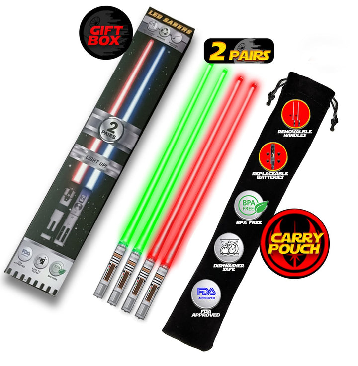 LIGHTSABER CHOPSTICKS LIGHT UP STAR WARS LED Glowing Light Saber Chop Sticks REUSABLE Sushi Lightup Sabers - Removable Handle - 2 Pairs