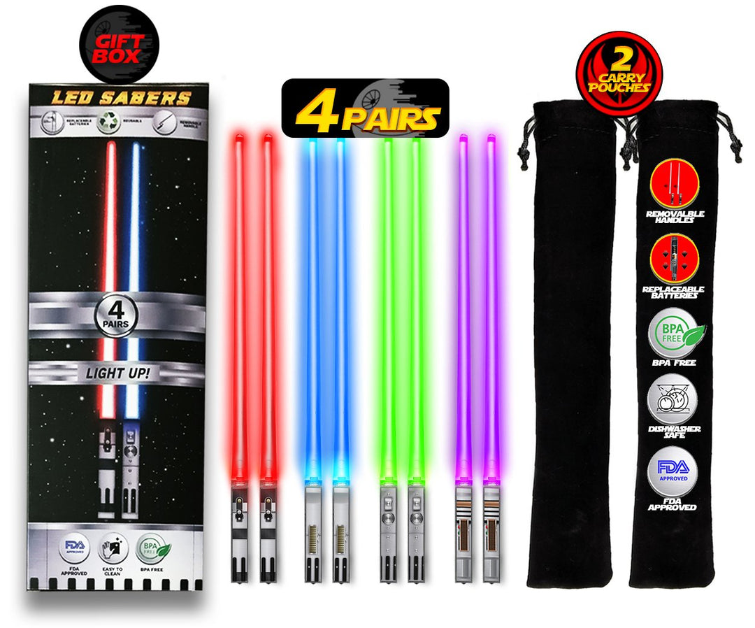 LIGHTSABER CHOPSTICKS LIGHT UP STAR WARS LED Glowing Light Saber Chop Sticks REUSABLE Sushi Lightup Sabers - Removable Handle - 4 Pairs