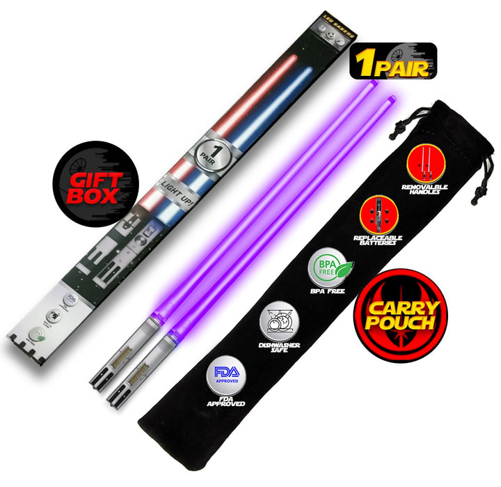 LIGHTSABER CHOPSTICKS LIGHT UP STAR WARS LED Glowing Light Saber Chop Sticks REUSABLE Sushi Lightup Sabers - Removable Handle - 1 Pair