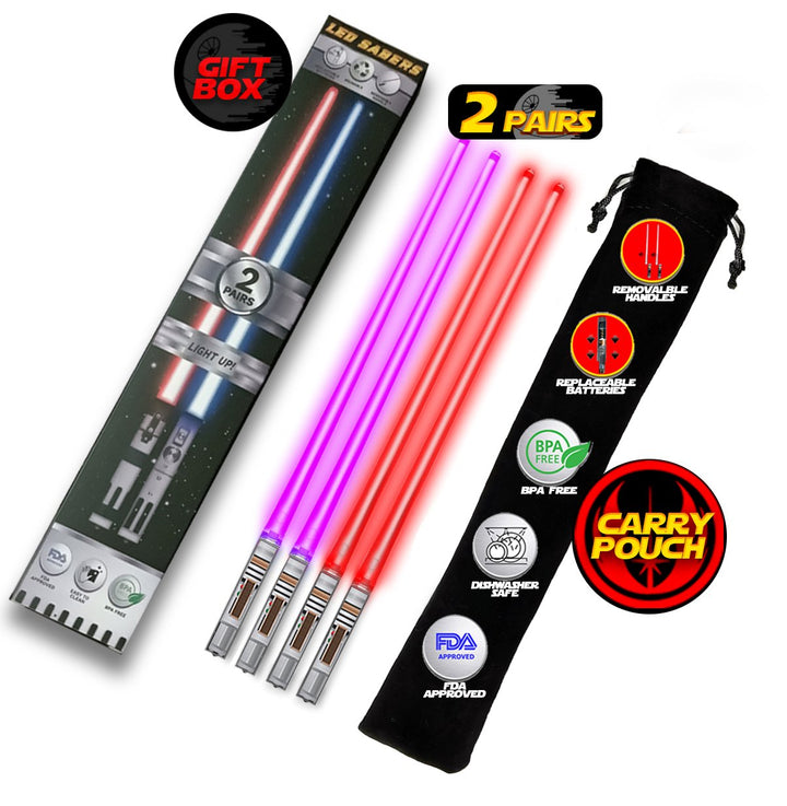 LIGHTSABER CHOPSTICKS LIGHT UP STAR WARS LED Glowing Light Saber Chop Sticks REUSABLE Sushi Lightup Sabers - Removable Handle - 2 Pairs