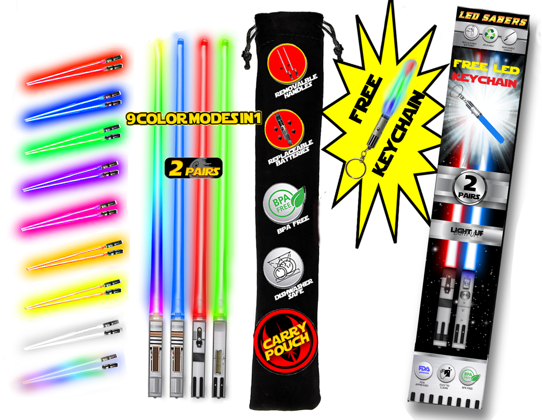 LIGHTSABER CHOPSTICKS LIGHT UP STAR WARS LED Glowing Light Saber Chop Sticks REUSABLE Sushi Lightup Sabers Removable Handle Dishwasher Safe GIFT BOX CARRY CASE 8 COLOR MODES & FREE KEYCHAIN!