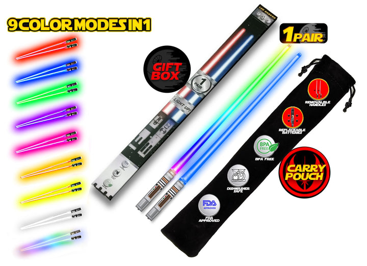 LIGHTSABER CHOPSTICKS LIGHT UP STAR WARS LED Glowing Light Saber Chop Sticks REUSABLE Sushi Lightup Sabers - Removable Handle - 1 Pair