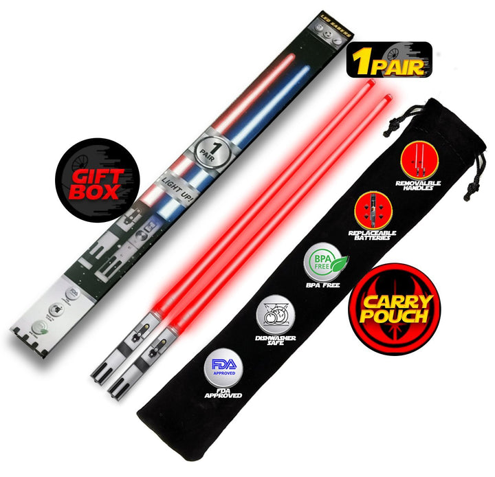 LIGHTSABER CHOPSTICKS LIGHT UP STAR WARS LED Glowing Light Saber Chop Sticks REUSABLE Sushi Lightup Sabers - Removable Handle - 1 Pair