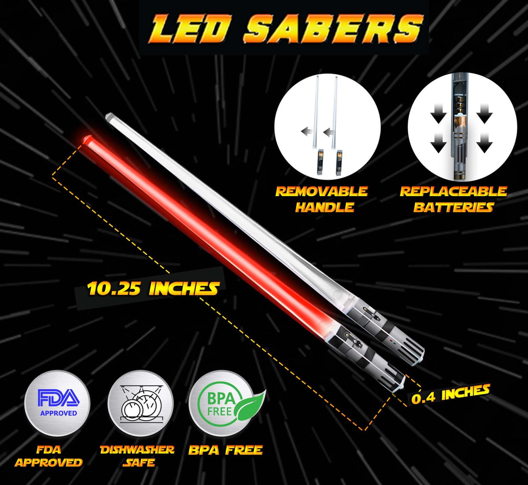 LIGHTSABER CHOPSTICKS LIGHT UP STAR WARS LED Glowing Light Saber Chop Sticks REUSABLE Sushi Lightup Sabers - Removable Handle - 2 Pairs